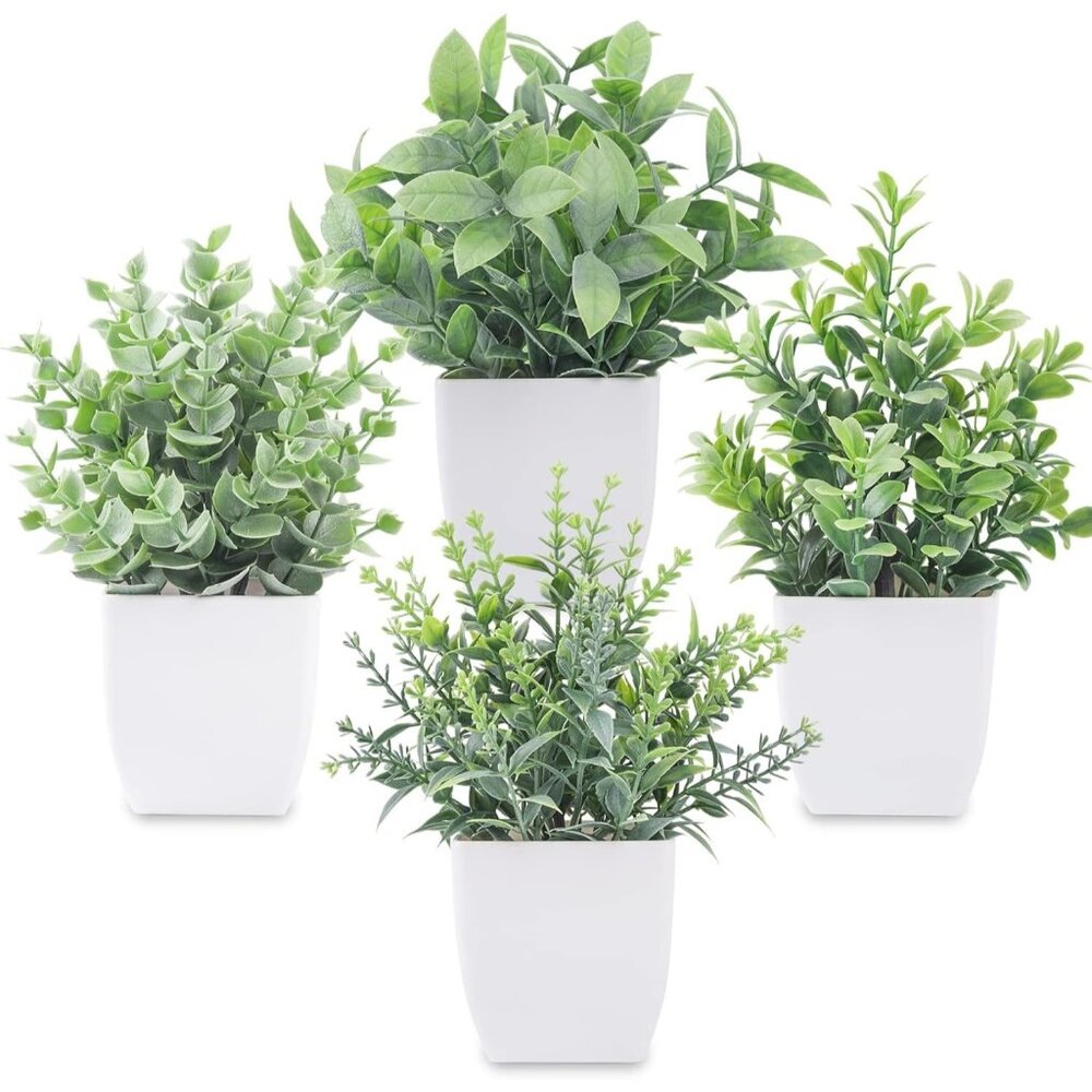 4 Pack Grey Fake Plants Mini Artificial Greenery Potted Plants for Home Decor